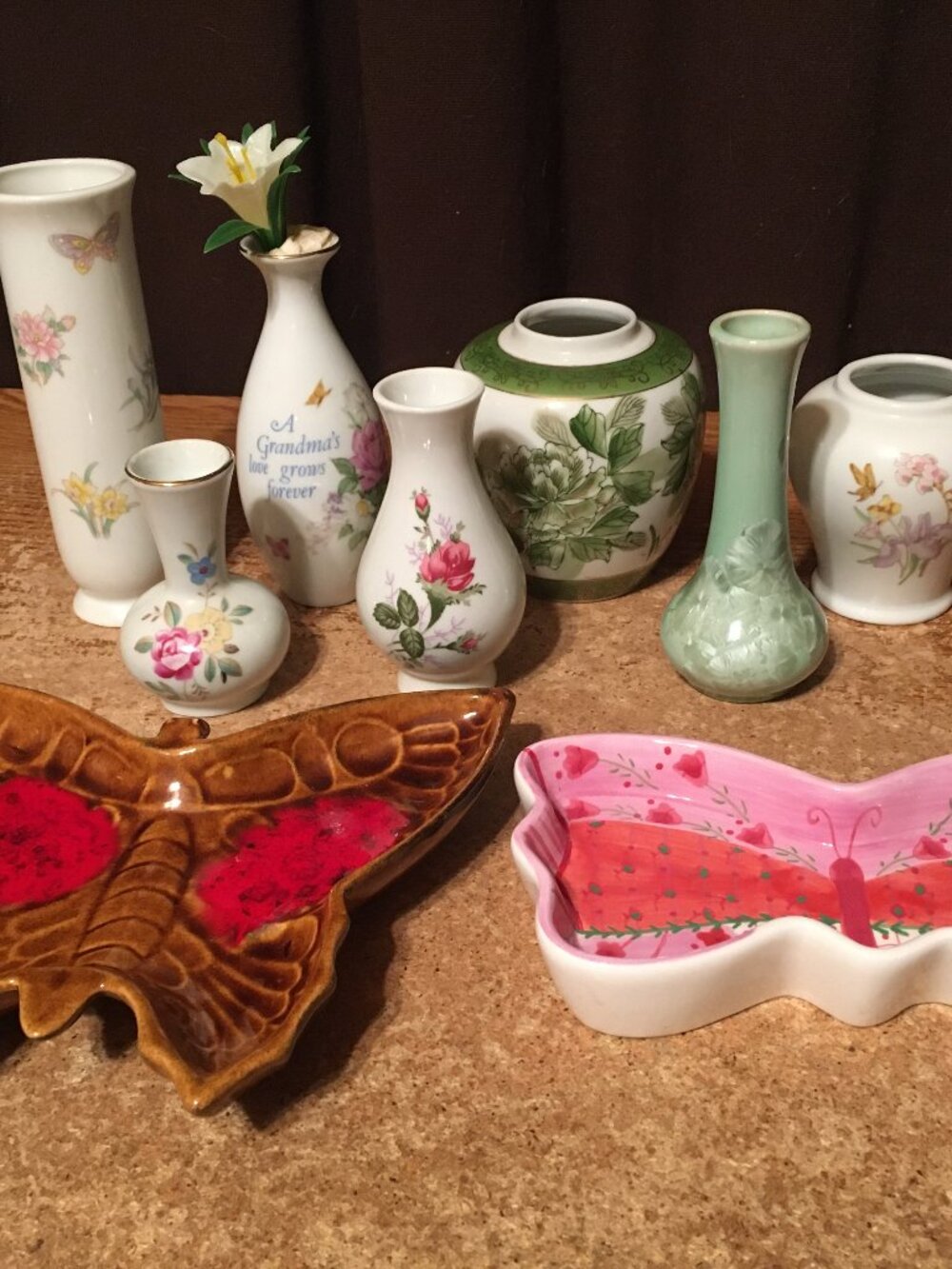 LOT OF 9 VASES DISHES FLOWERS FLORAL ROSES BUTTERFLIES MARCIA OF CALIFORNIA